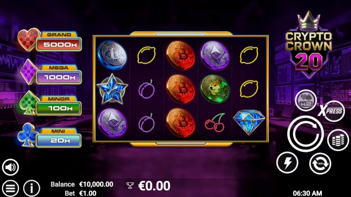 Crypto Crown 20 slot mobile interface na may neon symbols