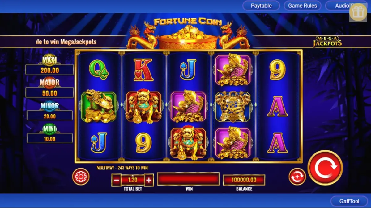 Isang makulay na screen ng Fortune Coin Mega Jackpot na nagpapakita ng mga gintong barya at dragon.